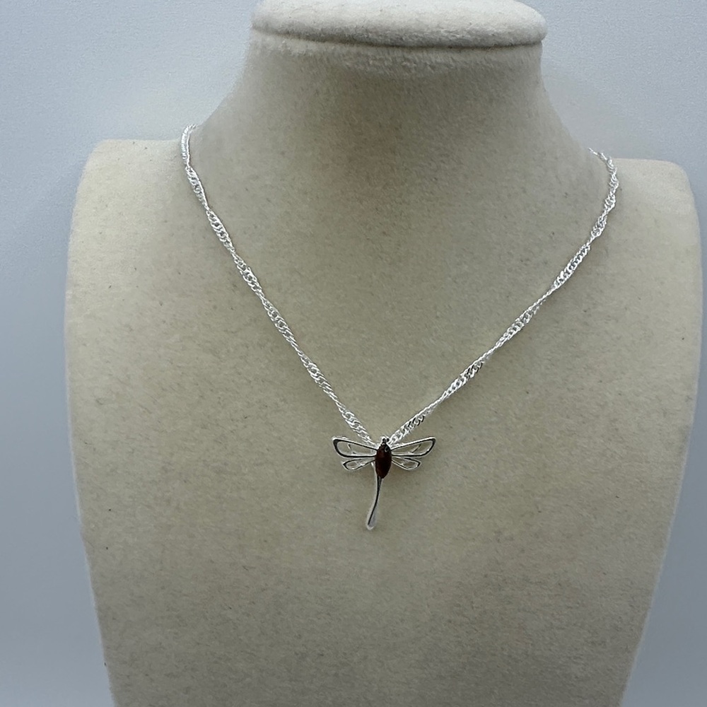 Amber Sterling Silver Butterfly Pendant on Silver Twisted Chain - Picture 3 of 7